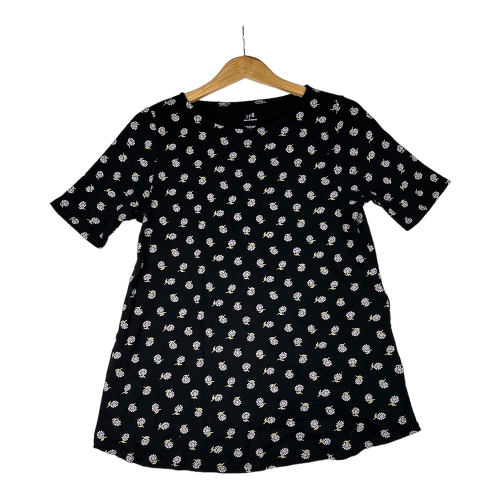 J‎ Jill Women's Black Daisy Print Short Sleeve Pima Shirttail Tee - Size Medium